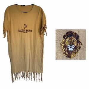 Embroidered Lion King Hakuna Matata Beaded Fringe T-Shirt Dress, Tan, Large